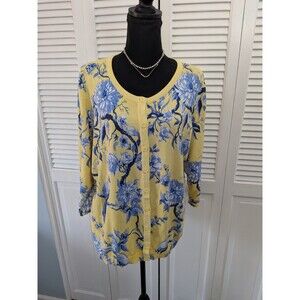 TALBOTS Cardigan Women's 1X Yellow Blue Chinoiserie Birds Cotton Blend Sweater